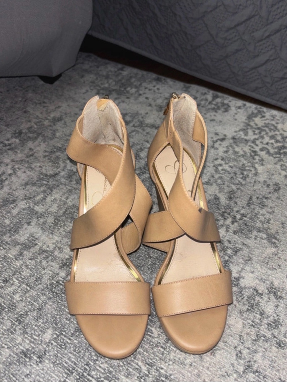 Jessica Simpson Tan Crisscross Strap Block Heels
